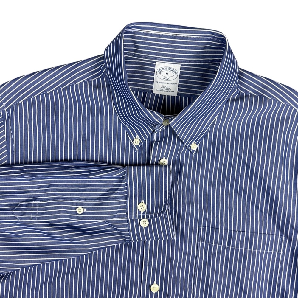 Brooks Brothers 346 Men M Blue White Stripe Slim Fit Non-Iron Cotton Button Down